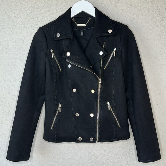 WHBM Faux Suede Vegan Moto Jacket Black with Gold Tone Zippers and Snaps Size 2 - Picture 3 of 16